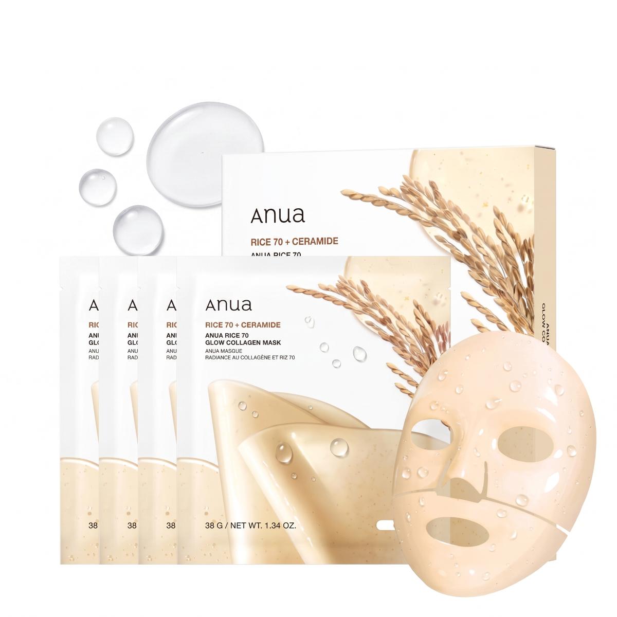 Anua Rice 70 Glow Collagen Mask packaging with 4 individually wrapped sheet masks