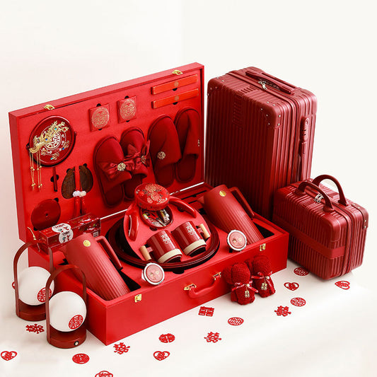 Ceramic Wedding Gift Set – Traditional Chinese Bridal Dowry Trunk with Tea Set & Accessories