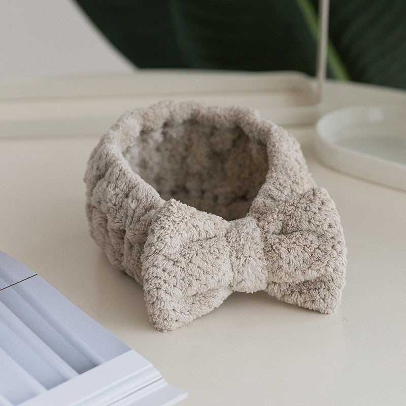 Korean Style Coral Fleece Bow Headband for Women – Plaid Elastic Hair Band for Face Washing, Makeup, Skincare and Sports