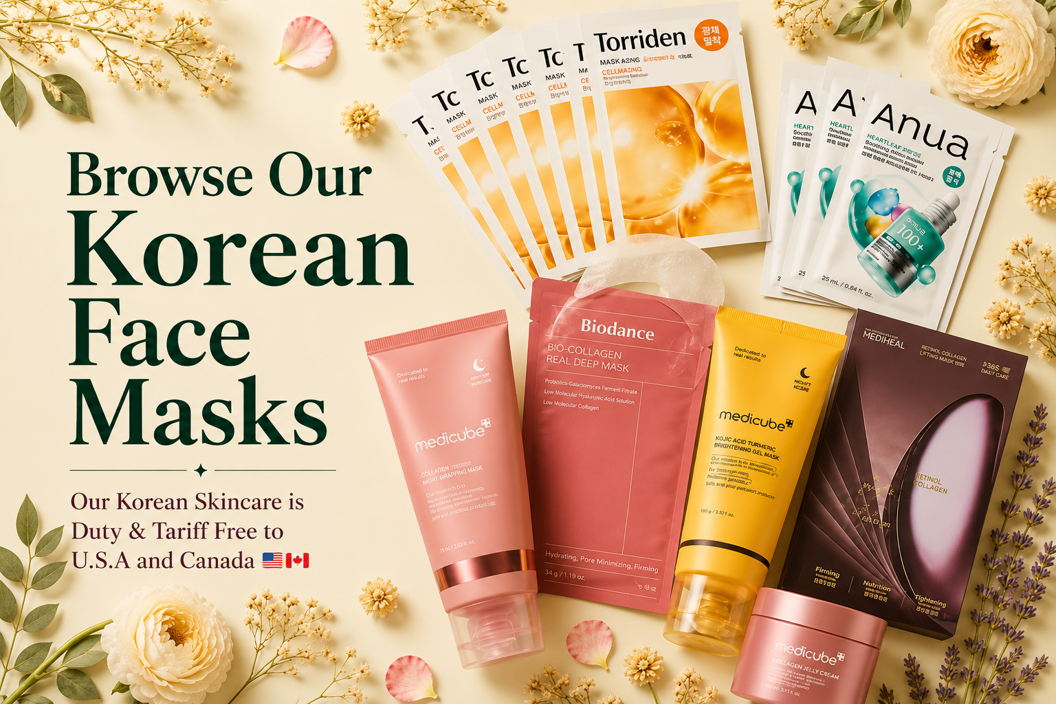 A styled flat-lay of Korean face masks and skincare products on a cream background with floral props. Visible products include MedicoBoo tubes and boxes, a Torriden sheet mask pack, and A Anua mask packets.