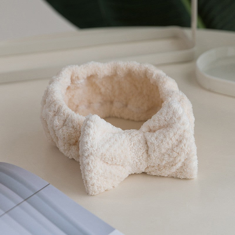 Korean Style Coral Fleece Bow Headband for Women – Plaid Elastic Hair Band for Face Washing, Makeup, Skincare and Sports
