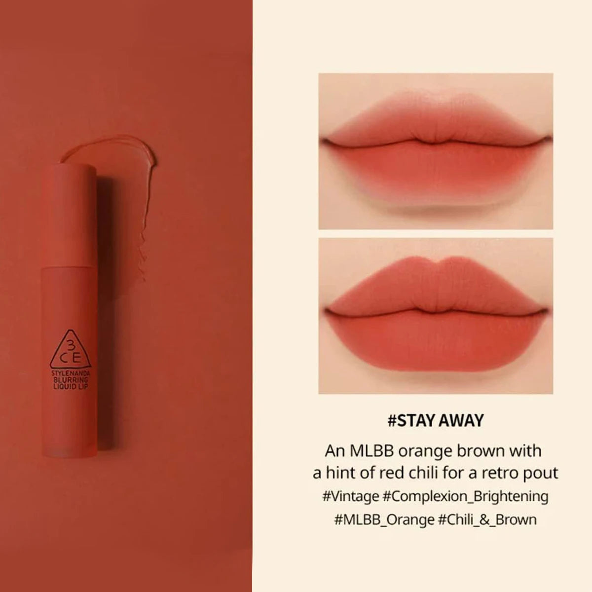 [ClearanceSale]3CE Blurring Liquid Lip Stay Away,Soft Mousse Texture,Smooth&Non-Drying,Party&Date Makeup,K-Beauty,Korean Makeup