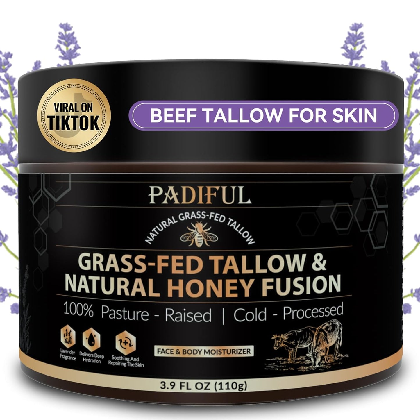 Beef Tallow for Skin - Homemade Beef Tallow and Honey Balm Moisturizer - Natural Grass - Fed Beef Tallow Skincare with Raw Honey Moisturizing Cream for Face Body Lotion Skin Care (3.9 OZ, Lavender)