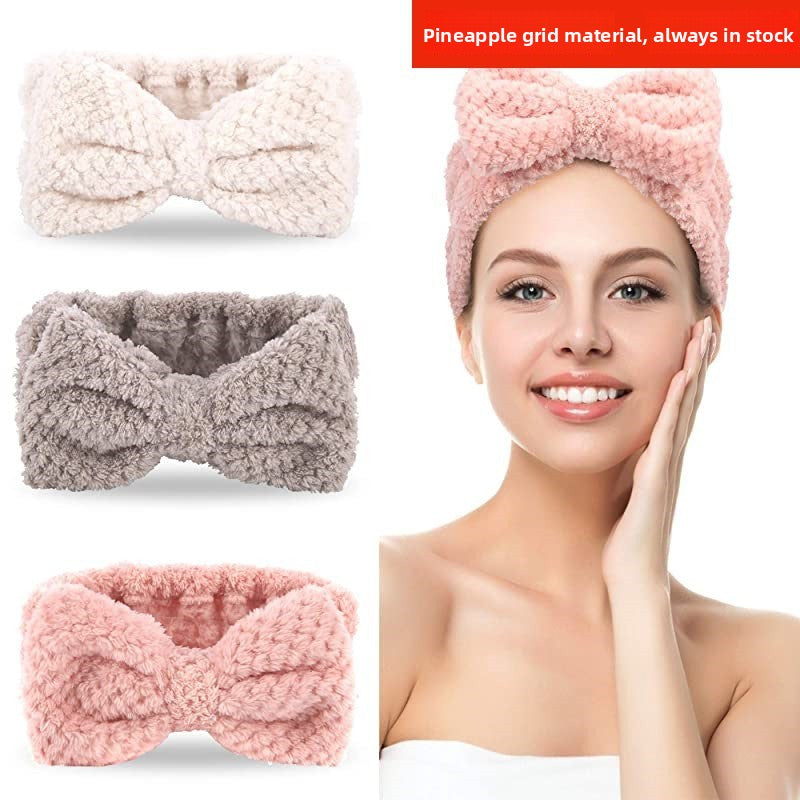 Korean Style Coral Fleece Bow Headband for Women – Plaid Elastic Hair Band for Face Washing, Makeup, Skincare and Sports