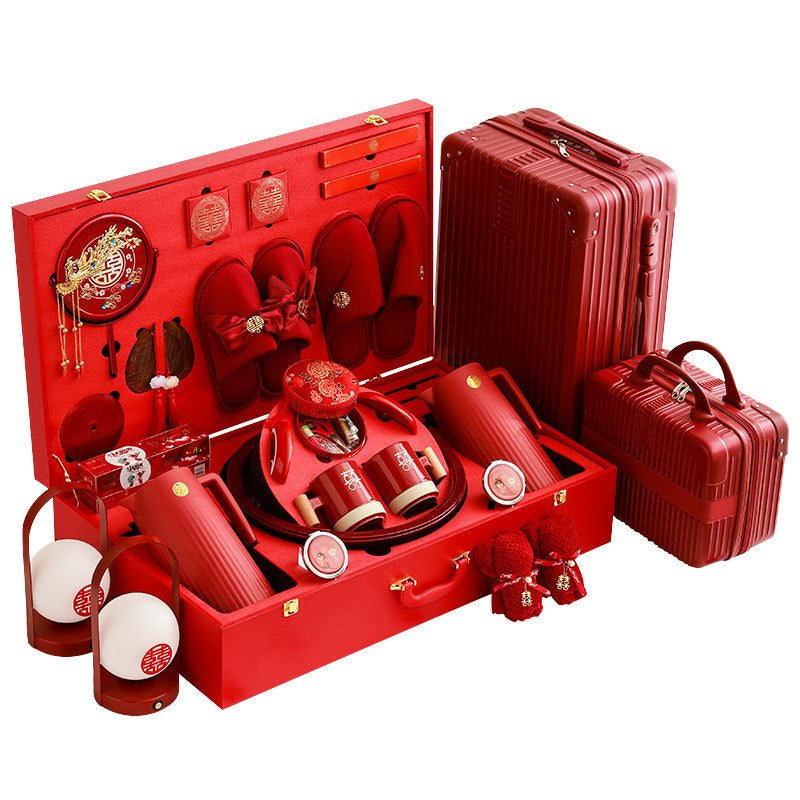 Ceramic Wedding Gift Set – Traditional Chinese Bridal Dowry Trunk with Tea Set & Accessories