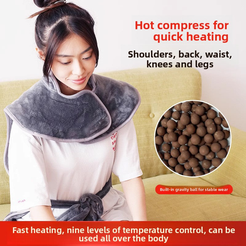Woman using a hot compress on her neck with text about its uses and features.