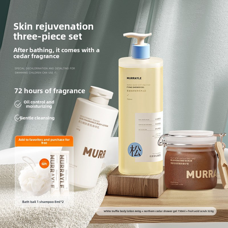 Murrayle skincare products including a bottle, jar, and box on a wooden surface with a gray curtain background.