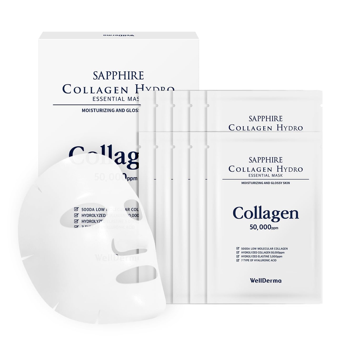 WELLDERMA Sapphire Collagen Hydro Essential Mask, 10 Sheets – Moisturizing & Soothing Sheet Mask with Collagen & Ceramide, 1.01 Fl.Oz (30Ml) X 10Ea