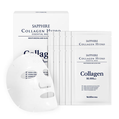 WELLDERMA Sapphire Collagen Hydro Essential Mask, 10 Sheets – Moisturizing & Soothing Sheet Mask with Collagen & Ceramide, 1.01 Fl.Oz (30Ml) X 10Ea