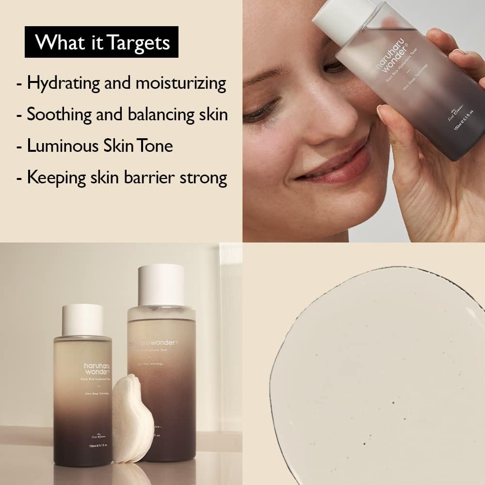 Haruharu Wonder Black Rice Hyaluronic Toner, Deep Hydration, Glass Skin, Hyaluronic Acid, Lavender Oil, Skin Plumpling, Korean Skincare, Vegan, Cruelty-Free, 10.1 Fl.Oz