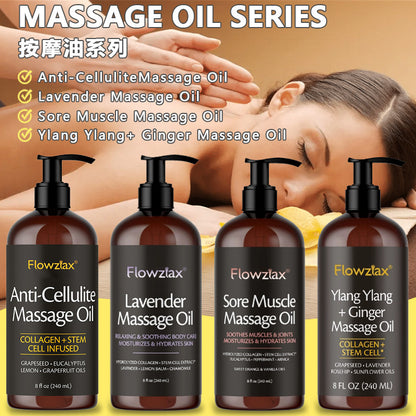 Flowzlax Soothing & Firming Body Massage Oil 240ml – Lavender, Ylang & Ginger, Body Soreness Relief