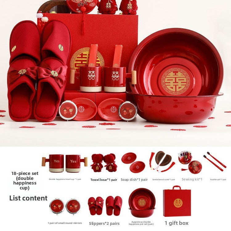 Ceramic Wedding Gift Set – Traditional Chinese Bridal Dowry Trunk with Tea Set & Accessories