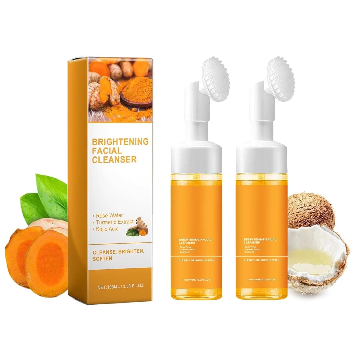 Turmeric Foaming Facial Cleanser with Brush - 2 Piece Exfoliating and Gentle Cleansing Set for Radiant Skin