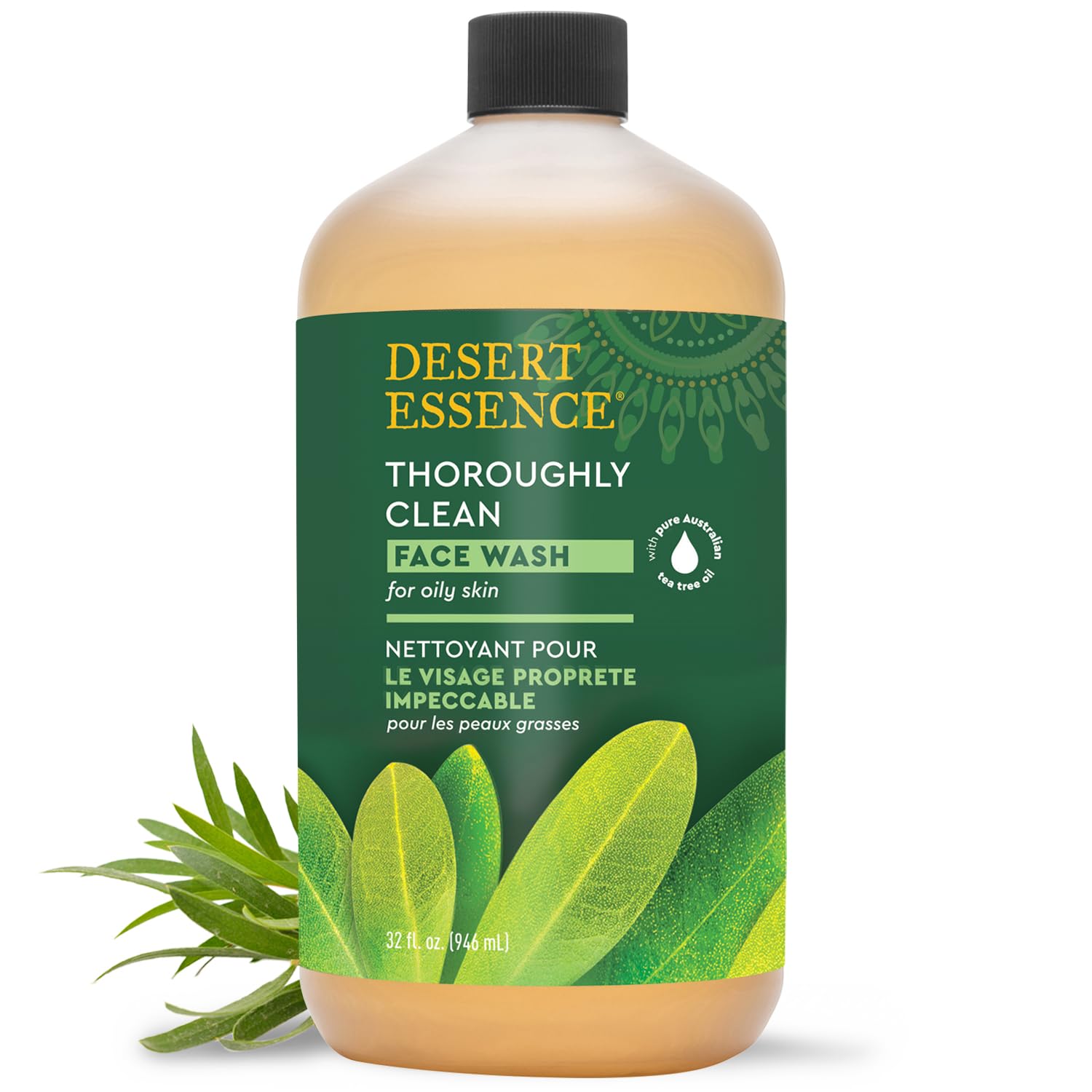 Desert Essence Organic Facial Cleanser with Tea Tree Oil, Castile Soap, and Coconut Oil - Ideal for Sensitive and Oily Skin, Vegan and Cruelty-Free, 32 Fl Oz