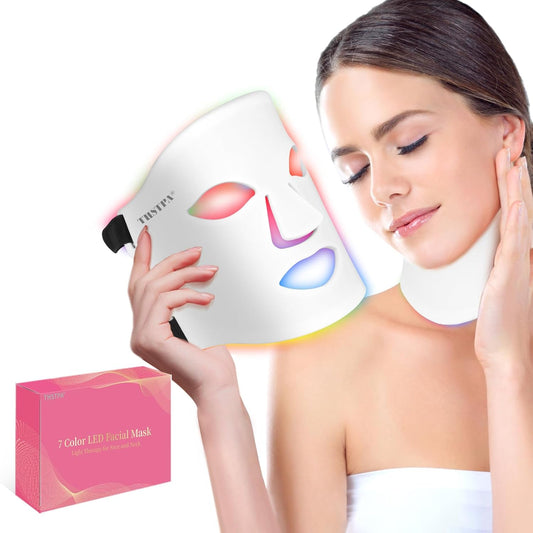 Professional LED Face Mask for Light Therapy - Red Light Treatment for Face and Neck, 7 Color Options, 5 Brightness Levels, 309 LED Beads for Home Use, White