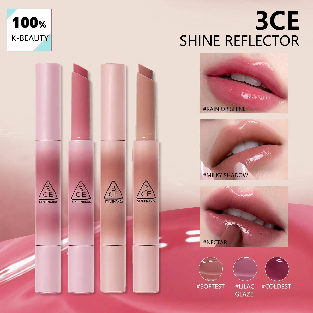 3CE SHINE REFLECTOR,Mirror Shine Texture,Moisturizing&Non-Drying,Sheer & Juicy Color,Daily Office Makeup,K-Beauty,Korean Makeup
