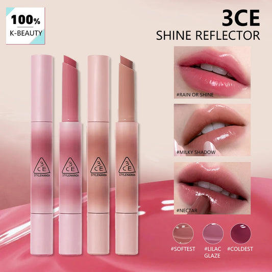 3CE SHINE REFLECTOR,Mirror Shine Texture,Moisturizing&Non-Drying,Sheer & Juicy Color,Daily Office Makeup,K-Beauty,Korean Makeup