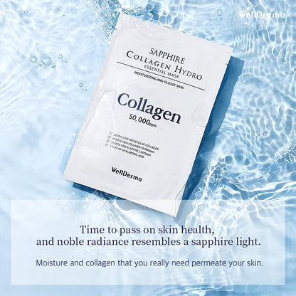 WELLDERMA Sapphire Collagen Hydro Essential Mask, 10 Sheets – Moisturizing & Soothing Sheet Mask with Collagen & Ceramide, 1.01 Fl.Oz (30Ml) X 10Ea