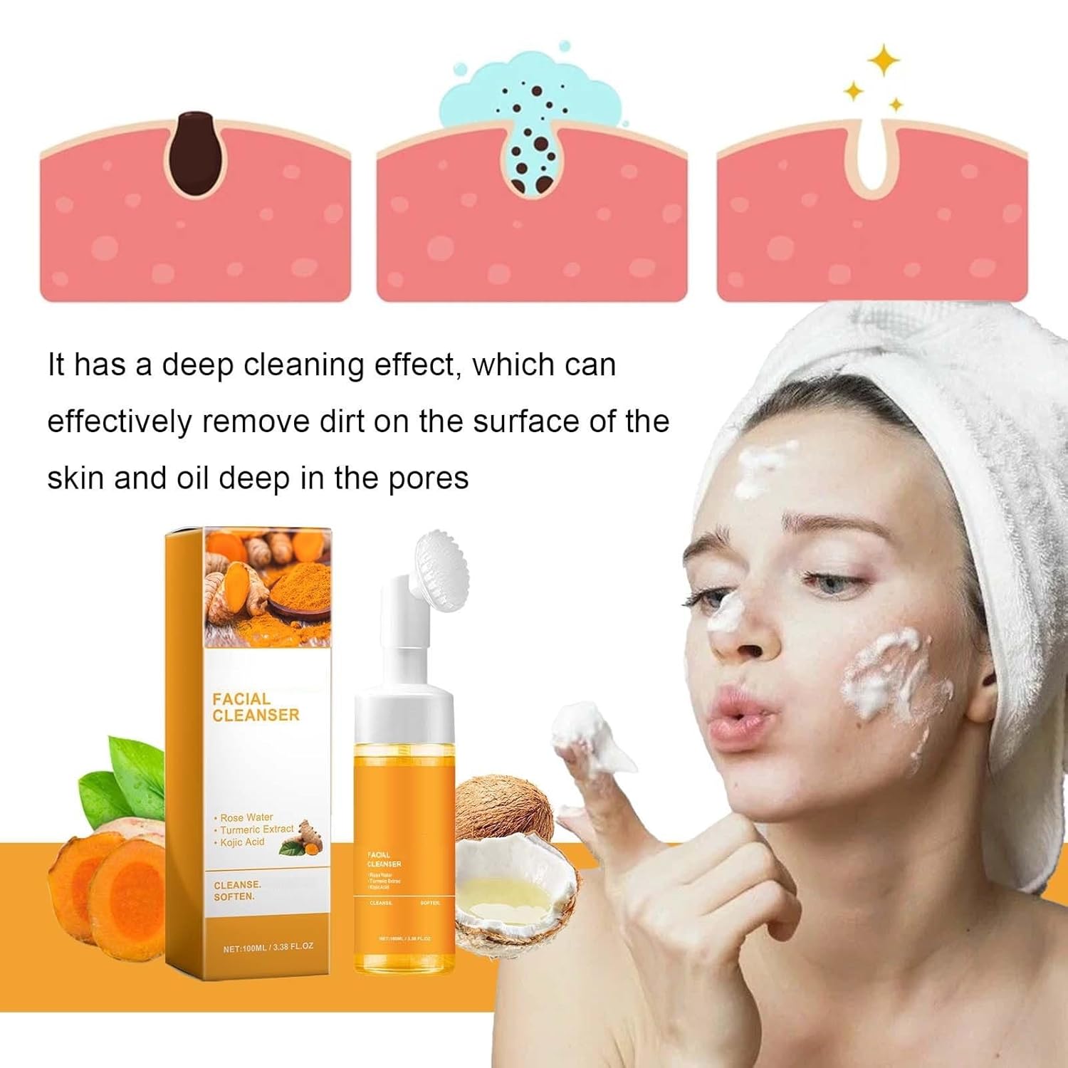 JISKG Turmeric Glow Facial Cleanser with Exfoliating Brush - Deep Cleansing Foaming Wash for All Skin Types (100ml)