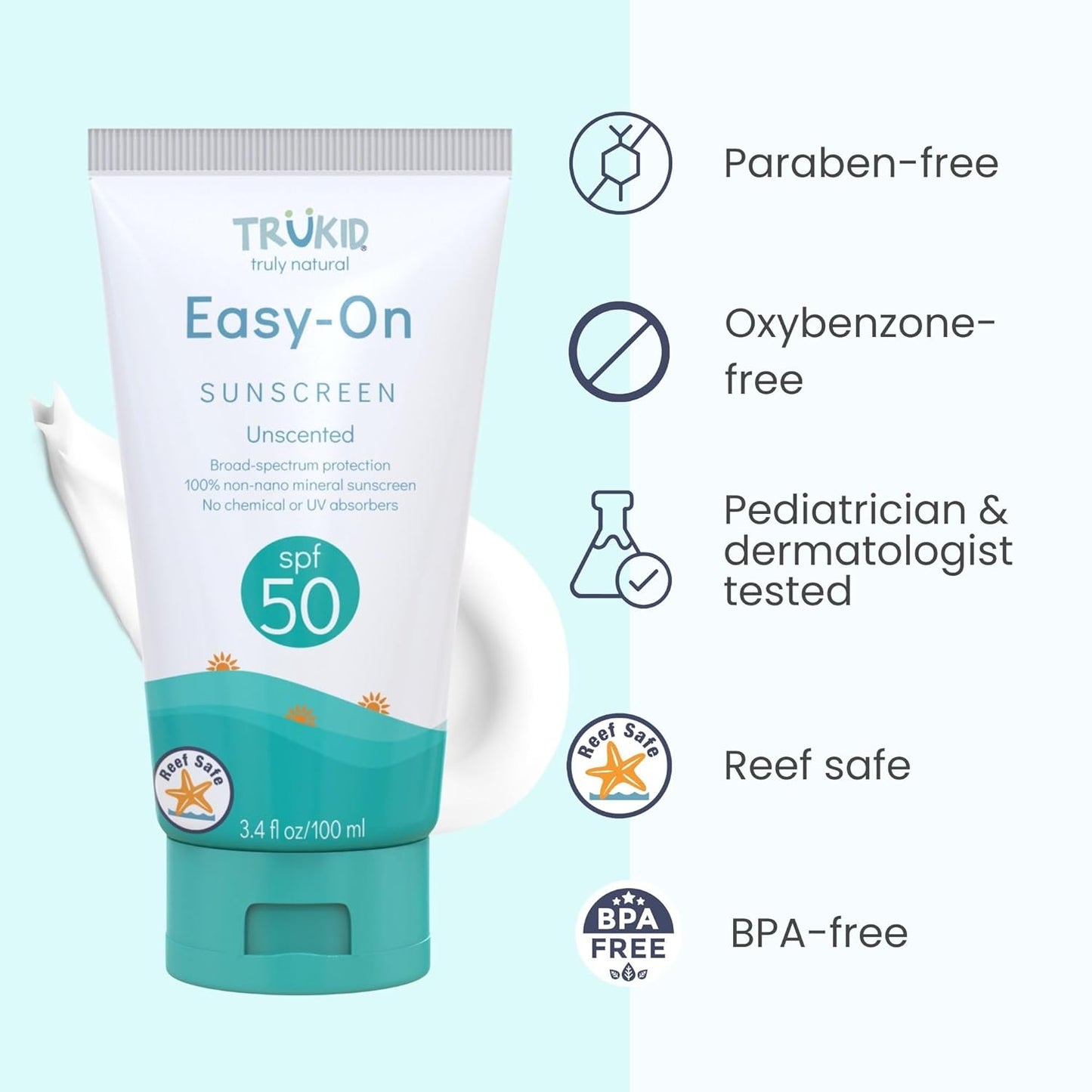 Trukid Easy On Mineral Sunscreen SPF 50 - Natural Non-Toxic Zinc Oxide Sunblock for Children and Infants, Unscented, Sensitive Skin Formula, Travel Size 3.4 Oz, FSA Eligible