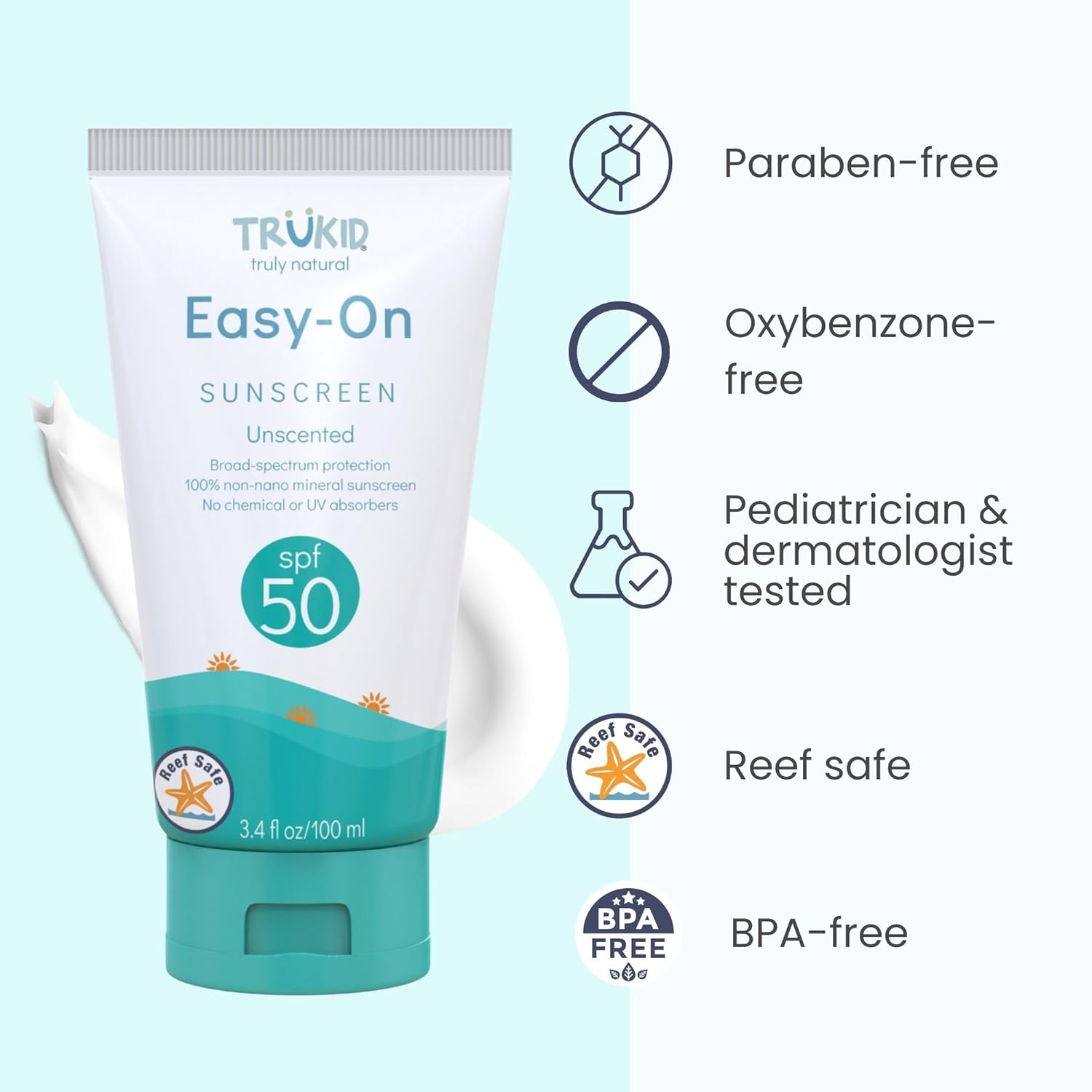 Trukid Easy On Mineral Sunscreen SPF 50 - Natural Non-Toxic Zinc Oxide Sunblock for Children and Infants, Unscented, Sensitive Skin Formula, Travel Size 3.4 Oz, FSA Eligible