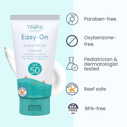 Trukid Easy On Mineral Sunscreen SPF 50 - Natural Non-Toxic Zinc Oxide Sunblock for Children and Infants, Unscented, Sensitive Skin Formula, Travel Size 3.4 Oz, FSA Eligible