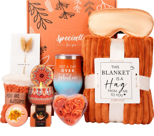 Valentine's Day Gift Basket for Her - Orange Birthday Gift Set for Mom, Wife, Girlfriend, and Coworker Featuring Cozy Fall Socks and Blanket, Autumn Self-Care Bath Set, Perfect for Birthdays and Valentine's Day