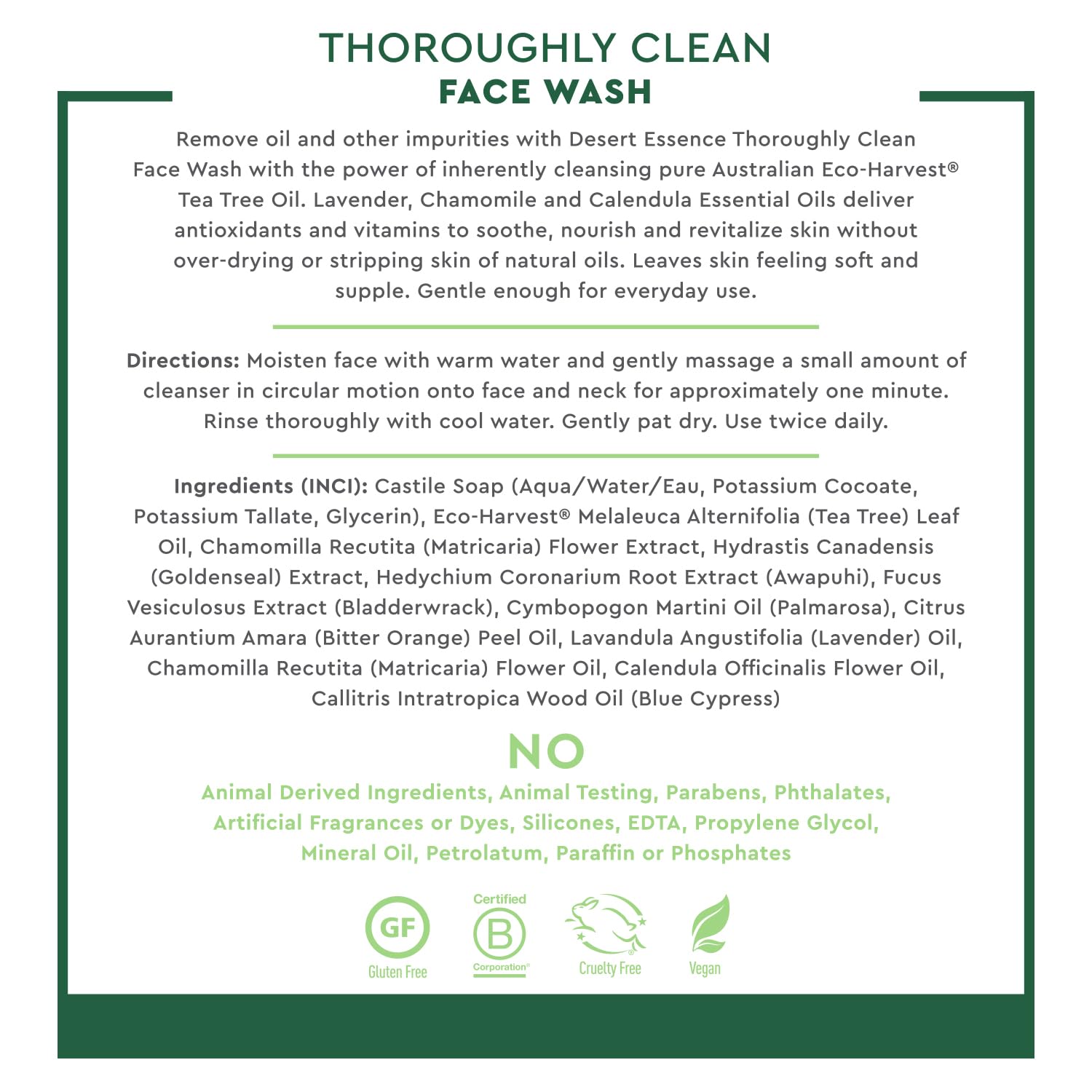 Desert Essence Organic Facial Cleanser with Tea Tree Oil, Castile Soap, and Coconut Oil - Ideal for Sensitive and Oily Skin, Vegan and Cruelty-Free, 32 Fl Oz