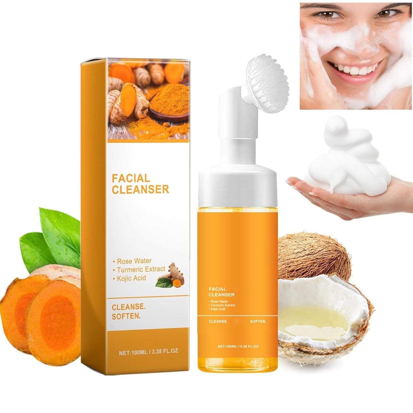 JISKG Turmeric Glow Facial Cleanser with Exfoliating Brush - Deep Cleansing Foaming Wash for All Skin Types (100ml)