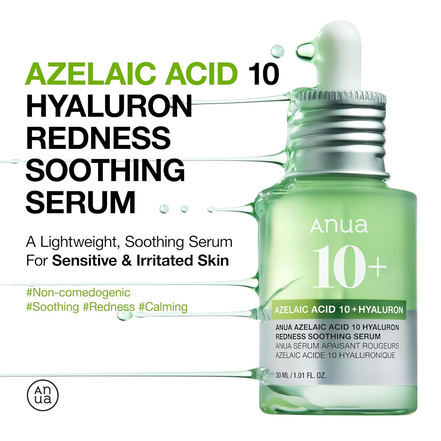 Anua Azelaic Acid 10% Redness Relief Serum with Hyaluronic Acid and Niacinamide for Sensitive Skin, Korean Skincare (30ml / 1.01 fl oz)