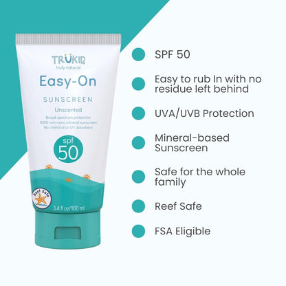 Trukid Easy On Mineral Sunscreen SPF 50 - Natural Non-Toxic Zinc Oxide Sunblock for Children and Infants, Unscented, Sensitive Skin Formula, Travel Size 3.4 Oz, FSA Eligible