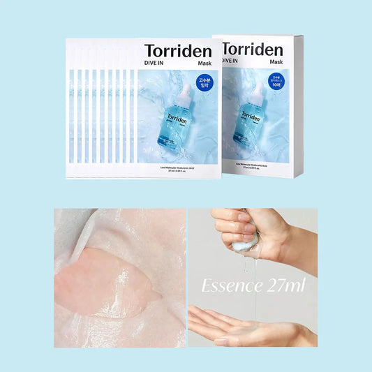Torriden DIVE-IN Hyaluronic Acid Facial Sheet Masks 10pcs,Thin & Skin-Conforming,Deeply Moisturizing,K-Beauty,Korean Makeup