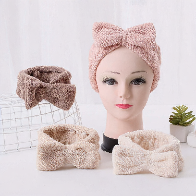Korean Style Coral Fleece Bow Headband for Women – Plaid Elastic Hair Band for Face Washing, Makeup, Skincare and Sports