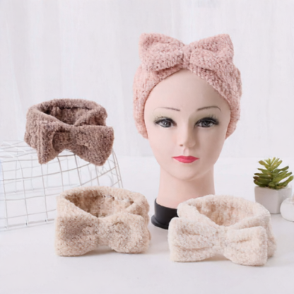 Korean Style Coral Fleece Bow Headband for Women – Plaid Elastic Hair Band for Face Washing, Makeup, Skincare and Sports