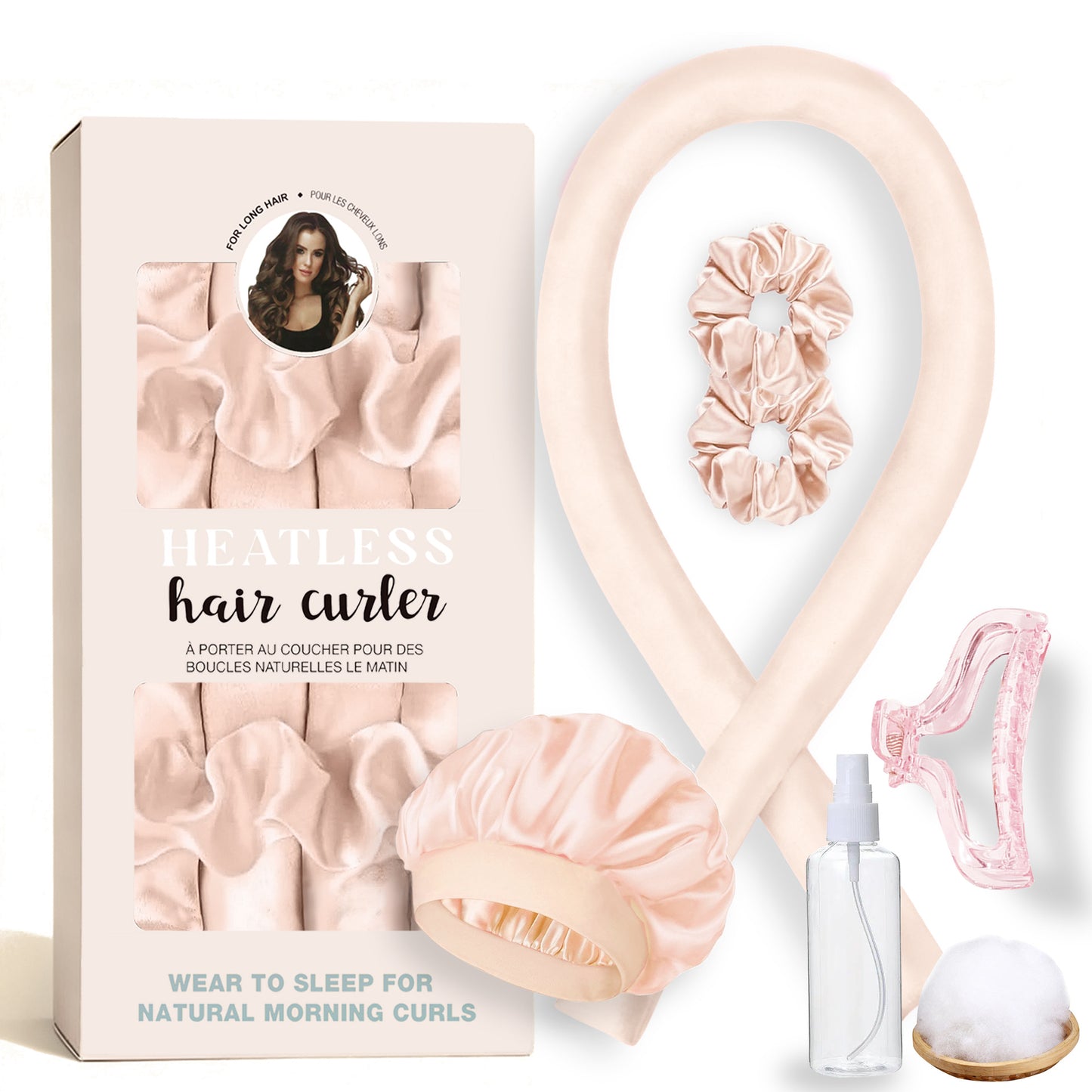 Pink hair curler set with packaging on a white background
