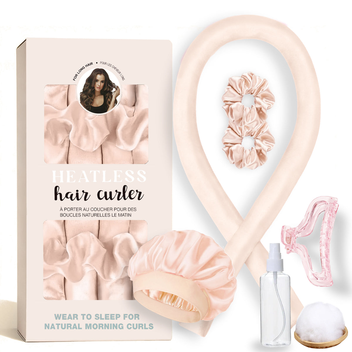 Pink hair curler set with packaging on a white background