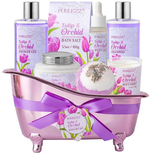 Spa Gift Basket for Mother's Day - 8-Piece Tulip Scented Bath & Body Gift Set for Women, Ideal for Birthdays, Self-Care, and All Occasion Gifting