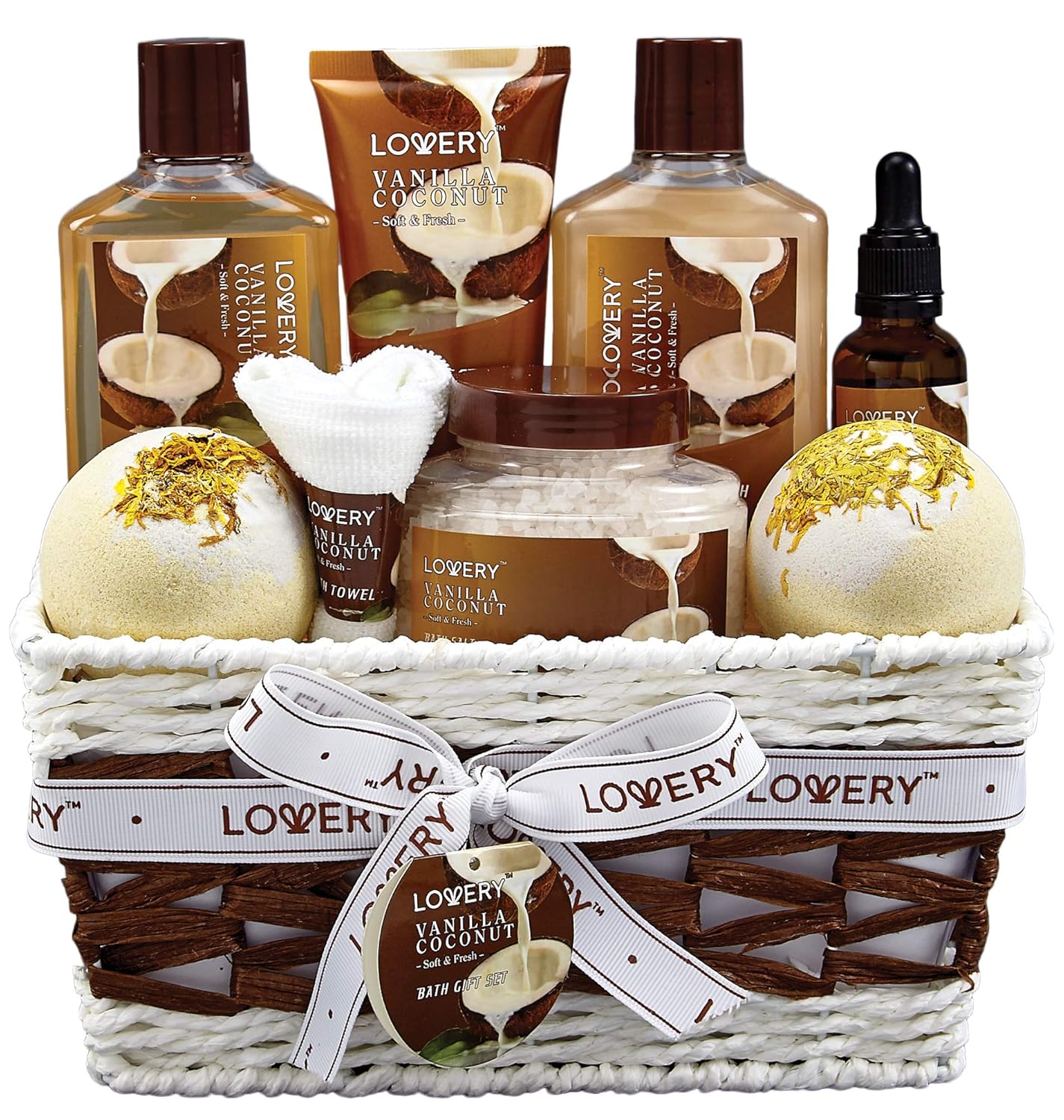 Gifts for Women Gift Basket for Women– 9 Piece Set of Vanilla Coconut Home Spa Set, Luxurious Holiday Bath and Body Sets Includes Fragrant Lotions, Extra Large Bath Bombs, Coconut Oil