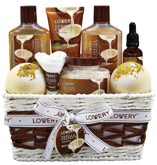Gifts for Women Gift Basket for Women– 9 Piece Set of Vanilla Coconut Home Spa Set, Luxurious Holiday Bath and Body Sets Includes Fragrant Lotions, Extra Large Bath Bombs, Coconut Oil