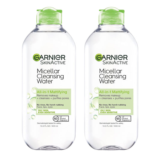 Micellar Water for Oily Skin - Facial Cleanser and Makeup Remover, Mattifying Formula for All Skin Types, Vegan and Cruelty-Free, 13.5 Fl Oz (400 Ml), Pack of 2
