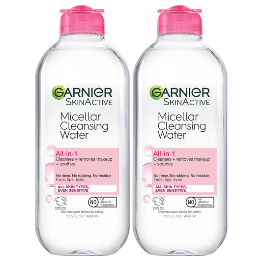 Micellar Water Hydrating Facial Cleanser and Makeup Remover for Sensitive Skin, Vegan and Cruelty-Free, 13.5 Fl Oz (400ml), Pack of 2