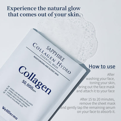 WELLDERMA Sapphire Collagen Hydro Essential Mask, 10 Sheets – Moisturizing & Soothing Sheet Mask with Collagen & Ceramide, 1.01 Fl.Oz (30Ml) X 10Ea