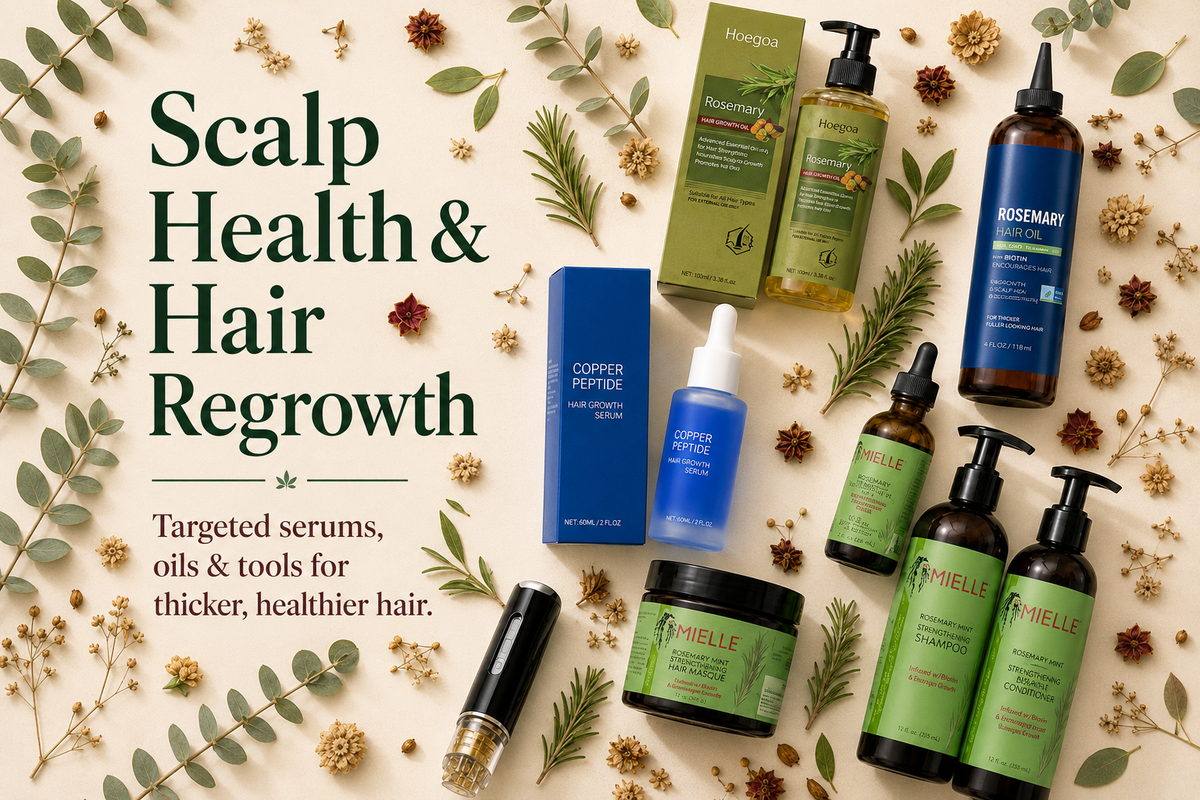 A flat-lay arrangement of Scalp Health & Hair Regrowth hair care products on a beige background with decorative dried flowers and greenery. Visible products include green and blue boxes, bottles, jars, and a tube from brands such as Rosemary, Copper Pepsis, and Scalp Health.