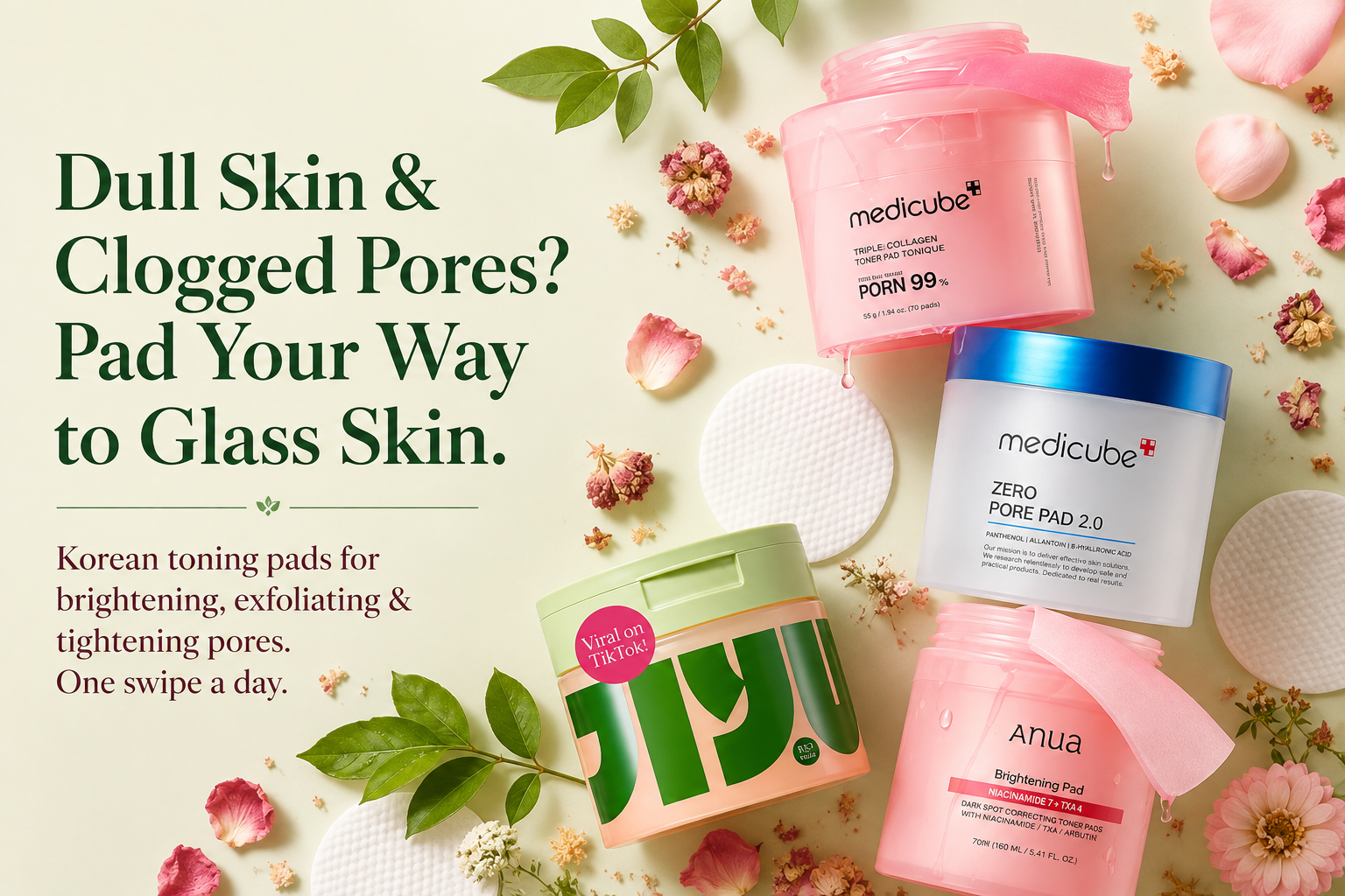 Four medicube skincare pads in colorful jars arranged on a light cream background with decorative green leaves and pink flower petals. The text on the left reads, 'Dull Skin & Clogged Pores? Pad Your Way to Glass Skin.
