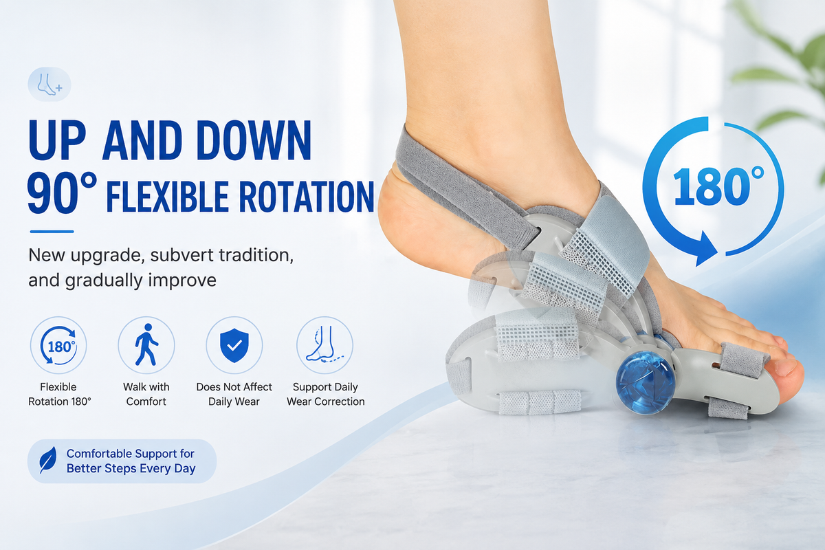 A foot and ankle orthotic device shown being worn on a person's foot, with large marketing text reading 'UP AND DOWN 90° FLEXIBLE ROTATION' and '180°' callouts on a clean light blue background.