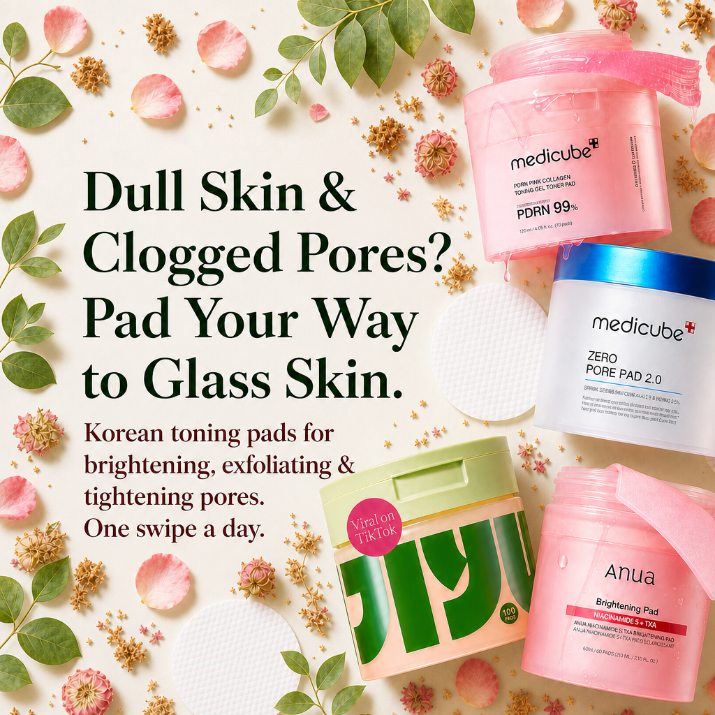 A flat-lay promotional graphic for skincare products on a light cream background with decorative green leaves and pink flower petals. Large text reads, 'Dull Skin & Clogged Pores? Pad Your Way to Glass Skin.