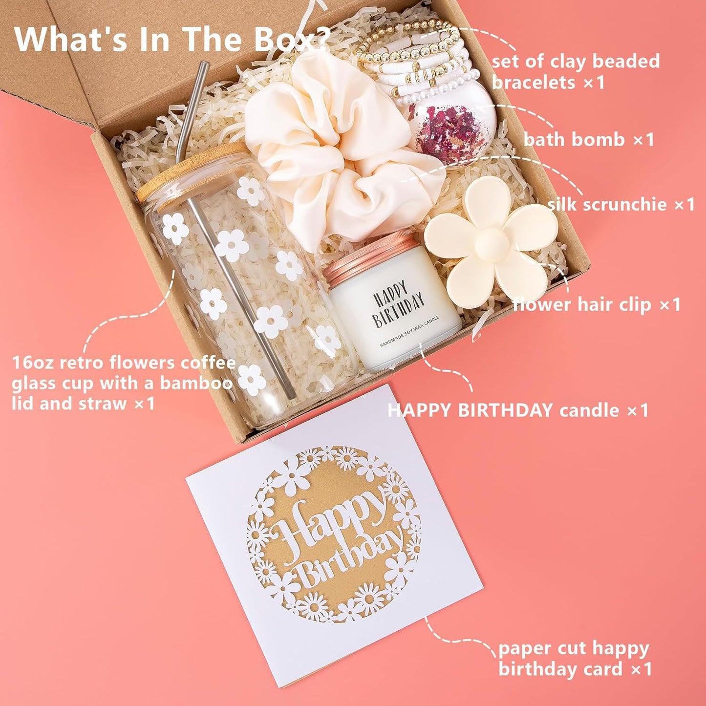 Glass Souvenir Gift Set – Birthday Gift Box with Glass Cup, Bracelet Stack, Candle & Bath Bomb
