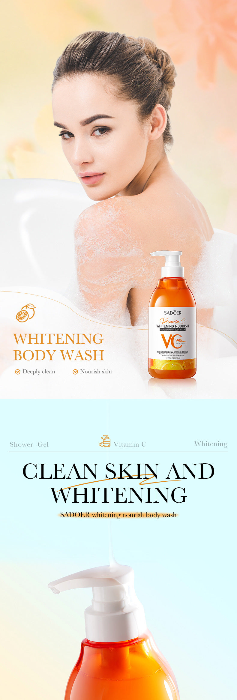 Sadoer Whitening Nourishing Shower Gel 520ml – Deep Cleansing & Skin Rejuvenation
