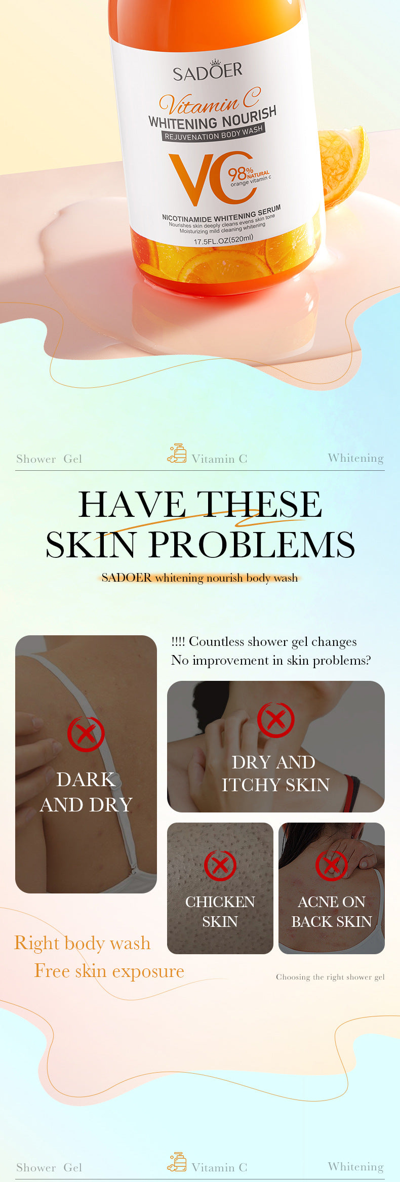 Sadoer Whitening Nourishing Shower Gel 520ml – Deep Cleansing & Skin Rejuvenation