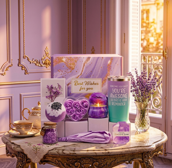 Lavender Spa Gift Box – 10‑Piece Tumbler, Candle & Bath Self‑Care Set for Women